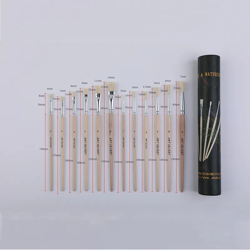 Conjunto de pincéis modelo 1204 com cerdas Chungqing para pintura a óleo.
Conjunto de pincéis modelo 1203 com cerdas de taklon para pintura em acrílico e aquarela.
Detalhe dos pincéis redondos e planos dos modelos 1201, 1203 e 1204, com virola de alumínio e cabo de madeira.