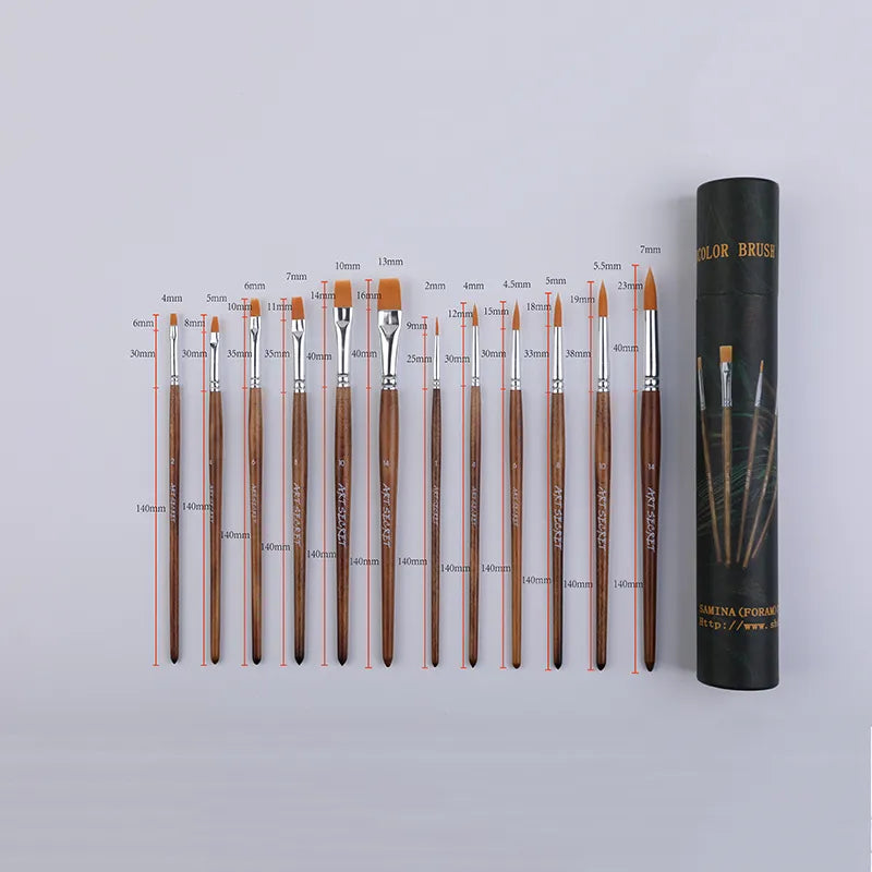 Conjunto de pincéis modelo 1204 com cerdas Chungqing para pintura a óleo.
Conjunto de pincéis modelo 1203 com cerdas de taklon para pintura em acrílico e aquarela.
Detalhe dos pincéis redondos e planos dos modelos 1201, 1203 e 1204, com virola de alumínio e cabo de madeira.